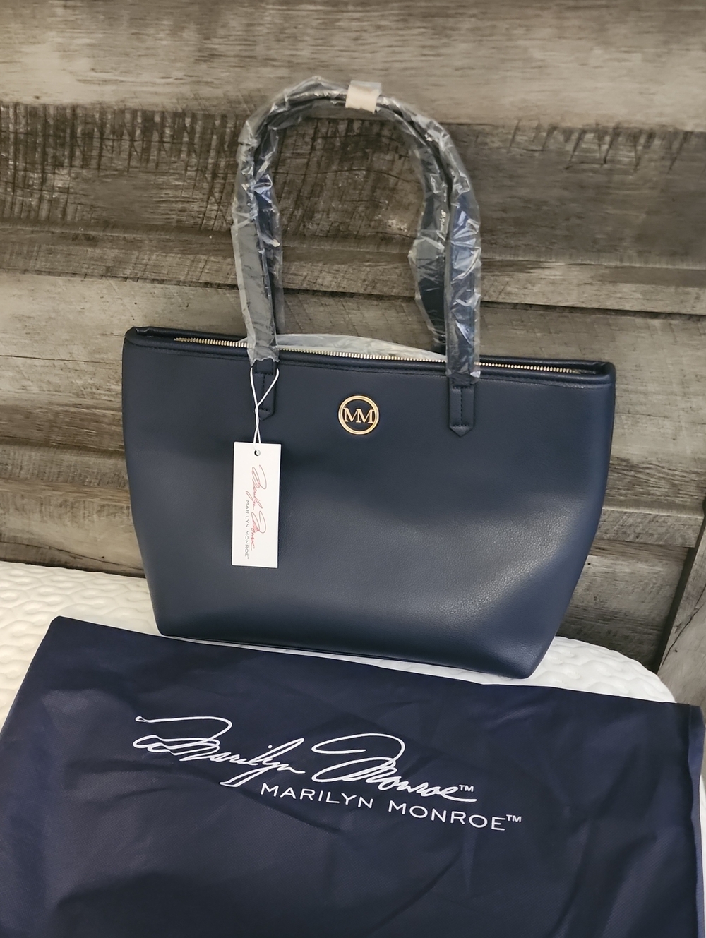 Marilyn Monroe Navy Tote with Gold MM Emblem